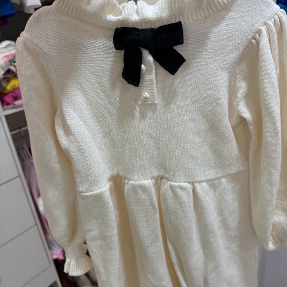 Cream Knit Dress with Black Bow